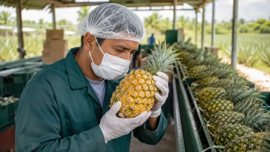 Fresh whole pineapple, bright gold base, green crown, rough skin