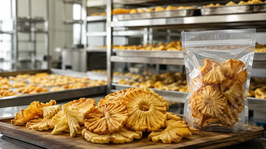 Dried pineapple rings, matte yellow-amber, chewy texture