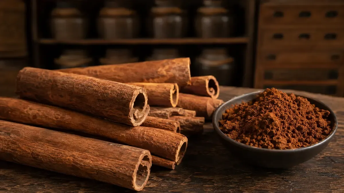 Cassia cinnamon sticks and powder — thick single curl, deep red-brown bark, darker dense powder