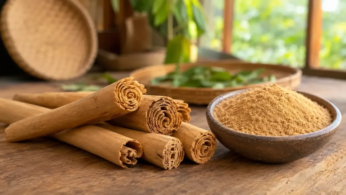 Ceylon cinnamon sticks and powder — many thin papery layers, pale tan, fine light powder