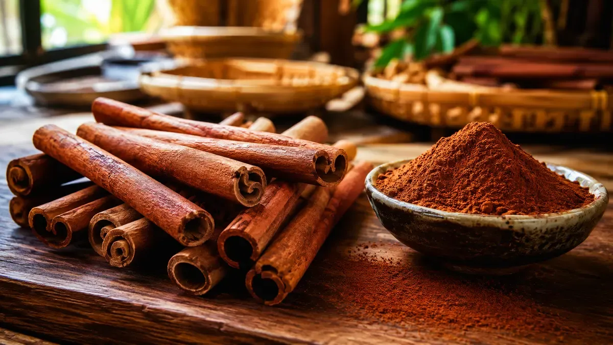 Saigon cinnamon sticks and powder — thick reddish sticks, tight single roll, very dark aromatic powder.